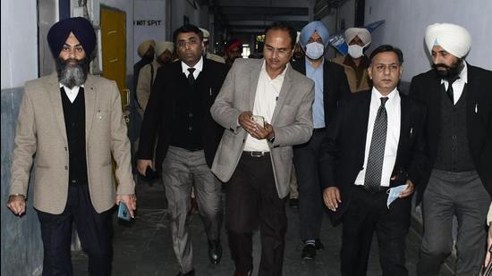 Session judge Munish Singal and Ludhiana DC Varinder Kumar Sharma on the second floor of Ludhiana court complex on Thursday. (Harsimar Pal Singh/HT)