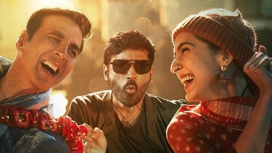 Atrangi Re movie review: Akshay Kumar, Dhanush, Sara Ali Khan on a poster.&nbsp;(Instagram)