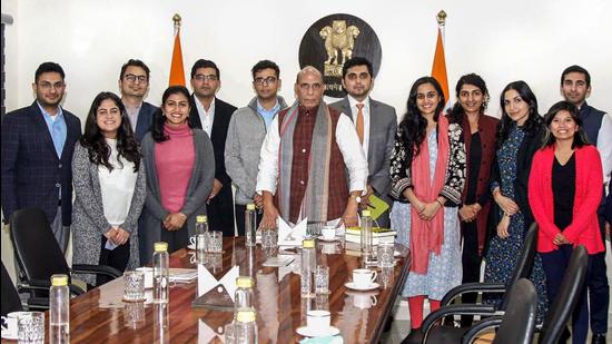 Defence minister Rajnath Singh interacts with Indian students at Harvard Business School and Harvard Kennedy School, in New Delhi on Wednesday. (PTI) Defence minister Rajnath Singh interacts with Indian students at Harvard Business School and Harvard Kennedy School, in New Delhi on Wednesday. (PTI)