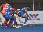 Indian hockey team in action against Japan during Asian Champions Trophy semi-final tie(@TheHockeyIndia)