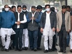 Former Uttarakhand CM Harish Rawat and other Congress leaders leave after meeting with Rahul Gandhi in New Delhi.(PTI) Former Uttarakhand CM Harish Rawat and other Congress leaders leave after meeting with Rahul Gandhi in New Delhi.(PTI)