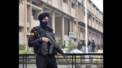Heavy security arrangements deployed at the entrance of the Mini Secretariat in Ludhiana on Friday. (Gurpreet Singh/HT photo) Heavy security arrangements deployed at the entrance of the Mini Secretariat in Ludhiana on Friday. (Gurpreet Singh/HT photo)