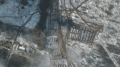 US, European and Ukrainian leaders have accused Russia of building up troops again near Ukraine’s border since October after an earlier brief buildup in April. In picture - Satellite image shows Russian military equipment in Yelnya, Russia. (Reuters)