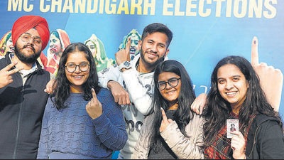 Elated first-time voters posing in front of the selfie zone at Saupin’s School in Sector 32, Chandigarh, on Friday. (Keshav Singh/HT) Elated first-time voters posing in front of the selfie zone at Saupin’s School in Sector 32, Chandigarh, on Friday. (Keshav Singh/HT)