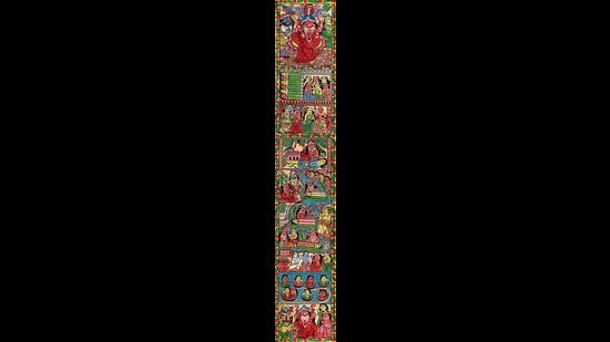 Viewers can see goddesses and women depicted on a Bengal Pattachitra scroll by Artist Montu Chittrakar.