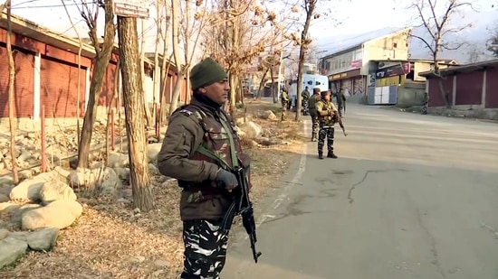 Security personnel stand guard at Harwan area where an unidentified terrorist was killed in an encounter with security forces, in Srinagar on last Sunday. (ANI) Security personnel stand guard at Harwan area where an unidentified terrorist was killed in an encounter with security forces, in Srinagar on last Sunday. (ANI)