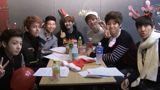 BTS members RM, Jin, Suga, J-Hope, Jimin, V and Jungkook spending their first Christmas as rookies together.&nbsp;