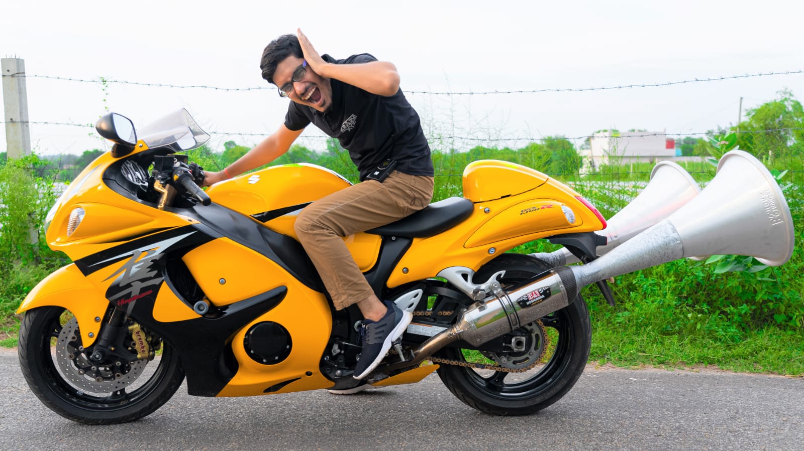 Vehicles have become a big investment. Sharma currently owns a rundown truck, a road-roller, a bus, and about a dozen second-hand cars that will be more or less destroyed in upcoming videos. He has also bought a high-end Suzuki Hayabusa motorcycle that he uses (very carefully) to draw eyeballs. (Photo courtesy Amit Sharma) Vehicles have become a big investment. Sharma currently owns a rundown truck, a road-roller, a bus, and about a dozen second-hand cars that will be more or less destroyed in upcoming videos. He has also bought a high-end Suzuki Hayabusa motorcycle that he uses (very carefully) to draw eyeballs. (Photo courtesy Amit Sharma)