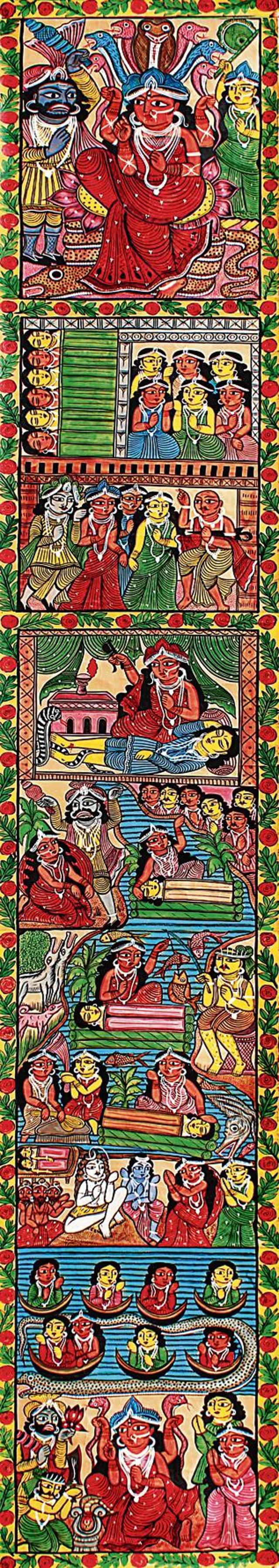 Viewers can see goddesses and women depicted on a Bengal Pattachitra scroll by Artist Montu Chittrakar. Viewers can see goddesses and women depicted on a Bengal Pattachitra scroll by Artist Montu Chittrakar.