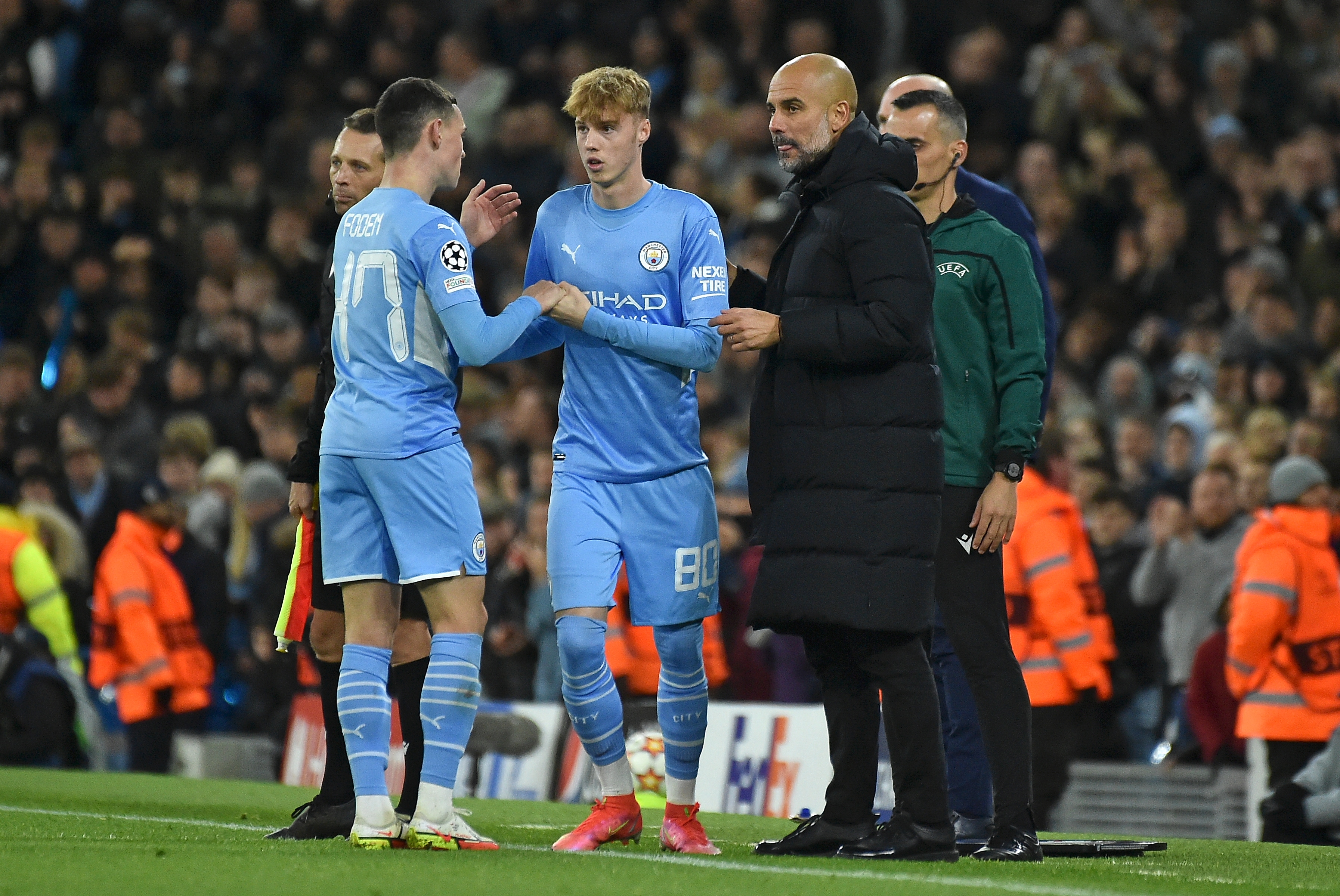 Manchester City's Cole Palmer replaces Phil Foden during the Champions League Group A match against Club Brugge at the Etihad Stadium,&nbsp; (AP)