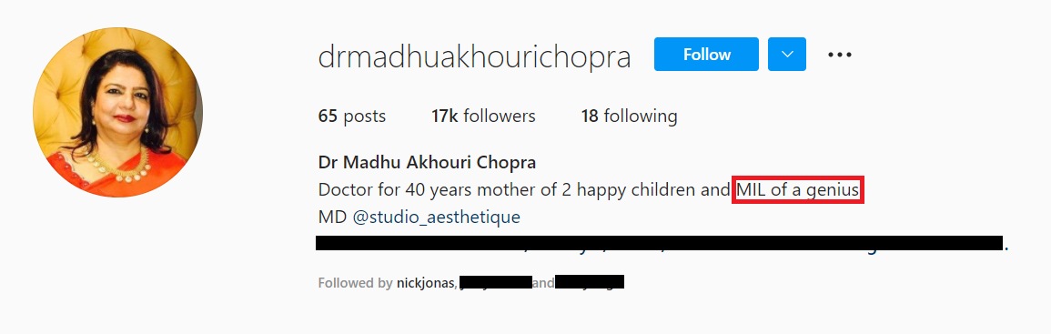 Dr Madhu Chopra’s Instagram bio.