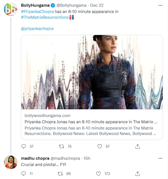 Madhu Chopra reacted to a news report about the length of Priyanka Chopra’s role in The Matrix Resurrections.