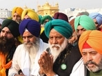 The announcement came even as the SKM, the umbrella body of farmer unions that spearheaded the yearlong agitation against the three agriculture laws, distanced itself from the outfit floated on Saturday. In picture - Farmer leader Balbir Singh Rajewal (center) during his visit to the Golden Temple in Amritsar.
