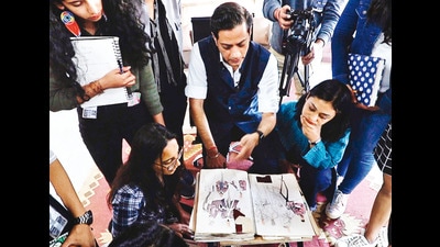 Raghavendra Rathore with students of the Gurukul School of design Raghavendra Rathore with students of the Gurukul School of design