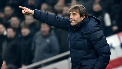 Tottenham's head coach Antonio Conte reacts during the English League Cup quarterfinal soccer match between Tottenham Hotspur and West Ham United at the Tottenham Hotspur Stadium in London, (AP)