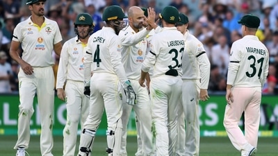 Australia's Nathan Lyon celebrates taking the wicket of England's Ollie Robinson with teammates (REUTERS)
