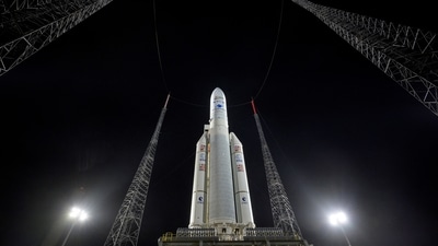 Arianespace's Ariane 5 rocket, with Nasa’s James Webb Space Telescope onboard, is seen at the launch pad at Europe’s Spaceport, the Guiana Space Center in Kourou, French Guiana.&nbsp; (REUTERS)