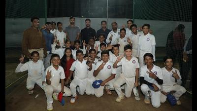 Former India cricketer Abhishek Nayar (standing fifth from left), Rohan Raje (to Nayar’s left) and Mumbai Ranji Trophy cricketer Tushar Deshpande (to Raje’s left) at the inauguration of Raje’s cricket academy in Badlapur on Saturday. (HT PHOTO) Former India cricketer Abhishek Nayar (standing fifth from left), Rohan Raje (to Nayar’s left) and Mumbai Ranji Trophy cricketer Tushar Deshpande (to Raje’s left) at the inauguration of Raje’s cricket academy in Badlapur on Saturday. (HT PHOTO)