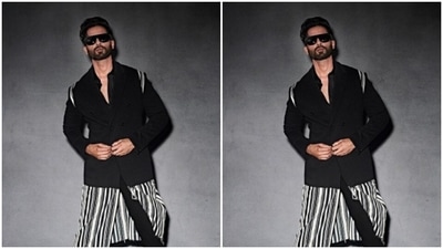 The shrug came with black blazer details on top, and waist down, silk kurta details in black and white. (Instagram/@shahidkapoor)