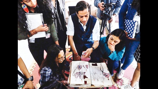Raghavendra Rathore with students of the Gurukul School of design