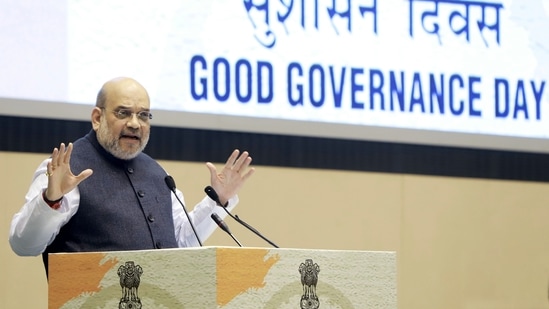 Union home minister Amit Shah addressing at the Good Governance Week Concluding day function, in New Delhi on Saturday.(ANI) Union home minister Amit Shah addressing at the Good Governance Week Concluding day function, in New Delhi on Saturday.(ANI)
