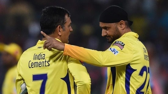 Chennai Super Kings M S Dhoni and Harbhajan Singh in action against Delhi Capitals during IPL cricket match at Kotla Grounds in New Delhi, India, on Tuesday, March 26, 2019. (Photo by Vipin Kumar/ Hindustan Times)(Vipin Kumar/HT PHOTO)