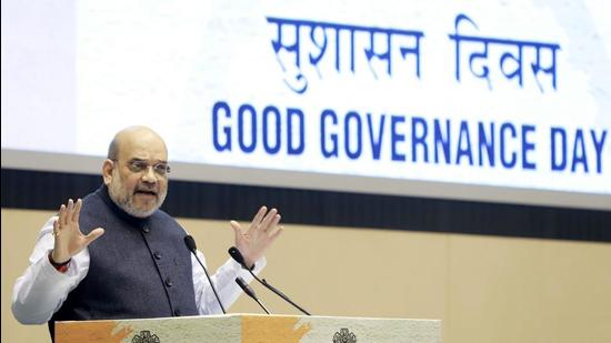 Union home minister Amit Shah addressing at the concluding day function of Good Governance Week, in New Delhi on Saturday. (ANI)