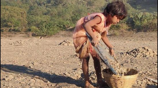 An eight-year-old child is collecting stone from Madhura River in Cachar district of Assam. (HT PHOTO.) An eight-year-old child is collecting stone from Madhura River in Cachar district of Assam. (HT PHOTO.)
