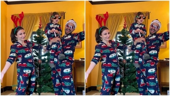 Soha Ali Khan, Kunal Kemmu and baby Inaaya decked up in matching pajamas and posed for a family picture together.(Instagram/@sakpataudi)