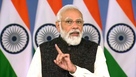 Prime Minister Narendra Modi addresses the nation through video conferencing, in New Delhi on Saturday, December 25, 2021. (ANI Photo)
