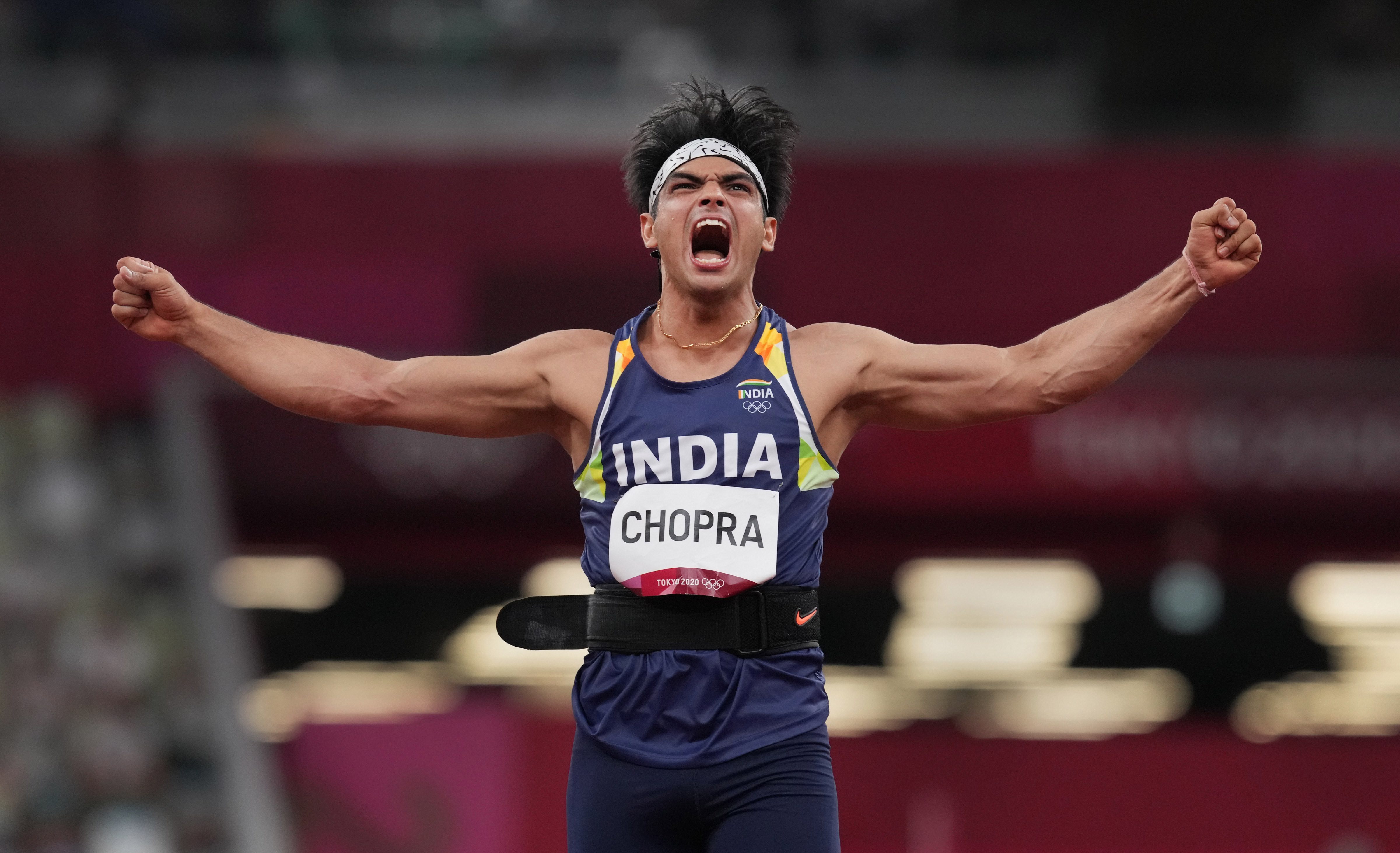 India's Neeraj Chopra reacts as he competes in the final of the men's javelin throw event at the 2020 Summer Olympics, in Tokyo, Saturday, Aug. 7, 2021. (PTI) India's Neeraj Chopra reacts as he competes in the final of the men's javelin throw event at the 2020 Summer Olympics, in Tokyo, Saturday, Aug. 7, 2021. (PTI)
