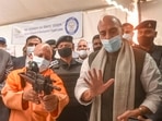 Union defence minister Rajnath Singh and UP chief minister Yogi Adityanath at DRDO exhibition during the foundation stone laying of BrahMos Missile Unit and DRDO Lab, in Lucknow.(PTI) Union defence minister Rajnath Singh and UP chief minister Yogi Adityanath at DRDO exhibition during the foundation stone laying of BrahMos Missile Unit and DRDO Lab, in Lucknow.(PTI)