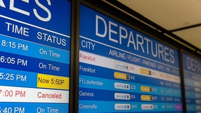 Cancelled flights on an electronic board at Washington Dulles International Airport in Dulles, Virginia, US, on Friday, Dec. 24, 2021. (Bloomberg) Cancelled flights on an electronic board at Washington Dulles International Airport in Dulles, Virginia, US, on Friday, Dec. 24, 2021. (Bloomberg)