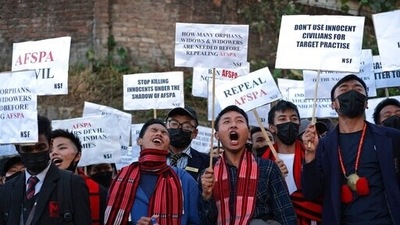 There were massive protests across the state with Naga organizations seeking a fair probe into the incident. In picture - Rally in Kohima, Nagaland, against the killing of fourteen civilians. (AP) There were massive protests across the state with Naga organizations seeking a fair probe into the incident. In picture - Rally in Kohima, Nagaland, against the killing of fourteen civilians. (AP)