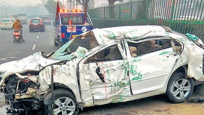 The mangled remains of the car on Mahipalpur flyover in south Delhi. (Delhi Police) The mangled remains of the car on Mahipalpur flyover in south Delhi. (Delhi Police)