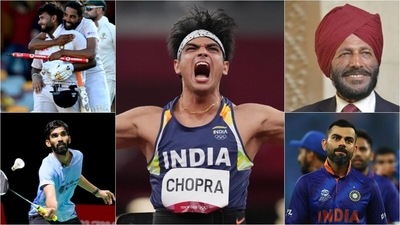 Clockwise - From left: Rishabh Pant and Mohammed Siraj celebrate the win in Gabba; Neeraj Chopra reacts after a throw in the javelin throw final at Tokyo Olympics; File photo of Milkha Singh, who passed away in June due to Covid-related complications; Virat Kohli and the members of team India return after 10-wicket loss to Pakistan; Kidambi Srikanth plays during the BWF World Championships in Spain. (AP/PTI/ANI) Clockwise - From left: Rishabh Pant and Mohammed Siraj celebrate the win in Gabba; Neeraj Chopra reacts after a throw in the javelin throw final at Tokyo Olympics; File photo of Milkha Singh, who passed away in June due to Covid-related complications; Virat Kohli and the members of team India return after 10-wicket loss to Pakistan; Kidambi Srikanth plays during the BWF World Championships in Spain. (AP/PTI/ANI)
