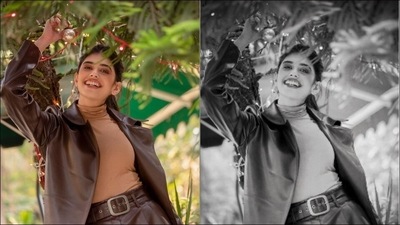 Wearing a dab of pink lipstick, Sanjana amplified the glam quotient with rosy blushed and highlighted cheeks, kohl-lined eyes with black eyeliner streaks, mascara-laden eyelashes, coral tint eyeshadow and filled-in eyebrows.&nbsp; (Instagram/sanjanasanghi96 )