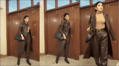 She accessorised her look with a wristwatch, metallic bracelets and a leather handbag while opting to go sans earrings to let her ensemble do the maximum talking.&nbsp; (Instagram/sanjanasanghi96 )