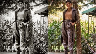 Completing her attire with a pair of dark brown boots, Sanjana Sanghi struck classy poses for the camera and we are smitten by stylish winter look.&nbsp; (Instagram/sanjanasanghi96 )
