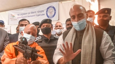 Union defence minister Rajnath Singh and UP chief minister Yogi Adityanath at DRDO exhibition during the foundation stone laying of BrahMos Missile Unit and DRDO Lab, in Lucknow. (PTI) Union defence minister Rajnath Singh and UP chief minister Yogi Adityanath at DRDO exhibition during the foundation stone laying of BrahMos Missile Unit and DRDO Lab, in Lucknow. (PTI)