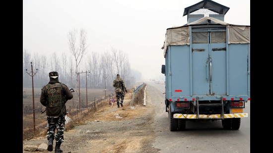 Anantnag, Dec 26 (ANI): Security personnel stand guard near the site where a militant identified as Faheem Bhat associated with the Islamic State of Jammu and Kashmir (ISJK) was killed in an encounter with security forces, at Bijbehara, in Anantnag on Sunday. (ANI Photo) (Imran Nissar) Anantnag, Dec 26 (ANI): Security personnel stand guard near the site where a militant identified as Faheem Bhat associated with the Islamic State of Jammu and Kashmir (ISJK) was killed in an encounter with security forces, at Bijbehara, in Anantnag on Sunday. (ANI Photo) (Imran Nissar)