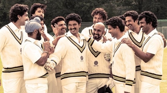 Ranveer Singh and other actors in a still from 83.&nbsp;