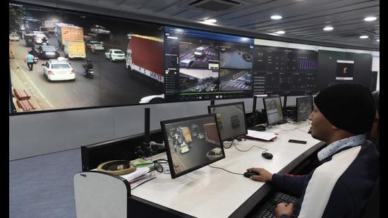 The cameras are monitored by police teams, which work in three shifts of eight hours each, and are deployed at the integrated command and control centre in Sector 44. (Vipin Kumar/HT PHOTO)