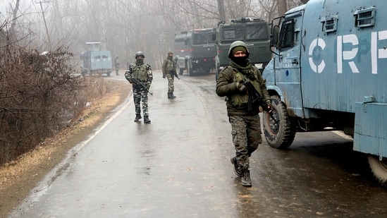 Security personnel patrol at the encounter site where the terrorist was killed by the security forces at the Arwani area in Anantnag.&nbsp;(File Photo / ANI)