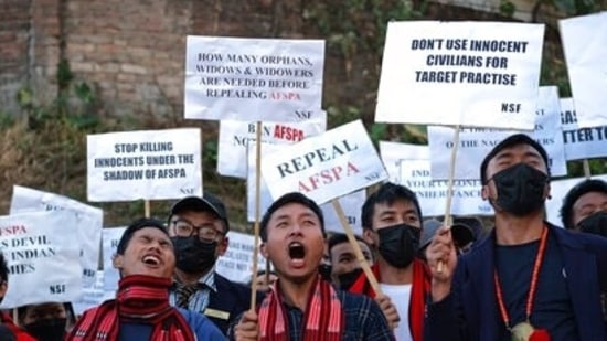 File photo of a protest in Nagaland against the death of 14 civilians in the state.(AP)