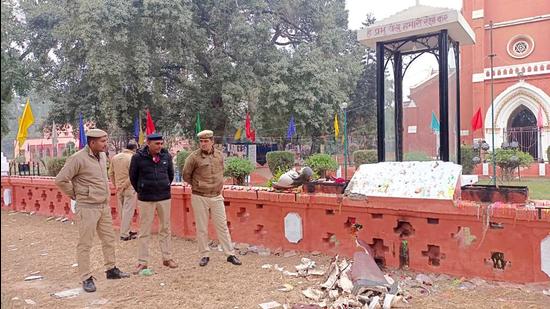 Police personnel at the spot where a statue of Jesus Christ was vandalised at the Holy Redeemer Church premises of Ambala Cantt, on Sunday. (ANI)