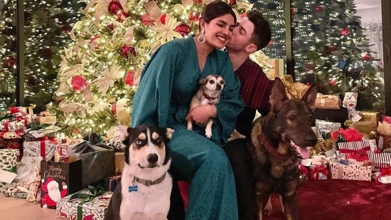 Priyanka Chopra and Nick Jonas with their three dogs.&nbsp;