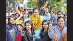 AAP candidate Neha Musawat who won from Ward 19 celebrating with party supporters in Chandigarh. (Keshav Singh/HT) AAP candidate Neha Musawat who won from Ward 19 celebrating with party supporters in Chandigarh. (Keshav Singh/HT)