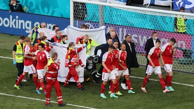 Denmark's Christian Eriksen stretchered off the pitch after collapsing during the Euro 2020 match.&nbsp; (REUTERS)