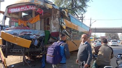 The mangled remains of one of the three private buses involved in the pile-up 15km from Ambala on the highway to Chandigarh on Monday morning. (Sant Arora/HT) The mangled remains of one of the three private buses involved in the pile-up 15km from Ambala on the highway to Chandigarh on Monday morning. (Sant Arora/HT)